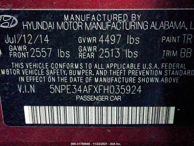 Photo 8 VIN: 5NPE34AFXFH035924 - HYUNDAI SONATA 