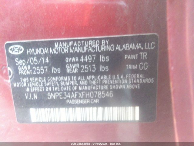 Photo 8 VIN: 5NPE34AFXFH078546 - HYUNDAI SONATA 