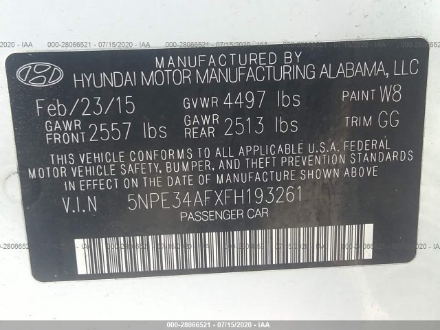 Photo 8 VIN: 5NPE34AFXFH193261 - HYUNDAI SONATA 