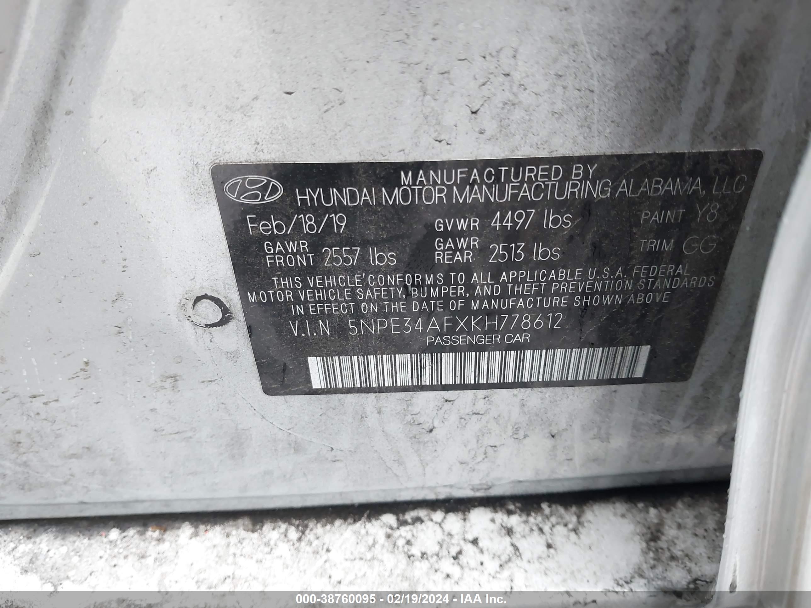 Photo 8 VIN: 5NPE34AFXKH778612 - HYUNDAI SONATA 