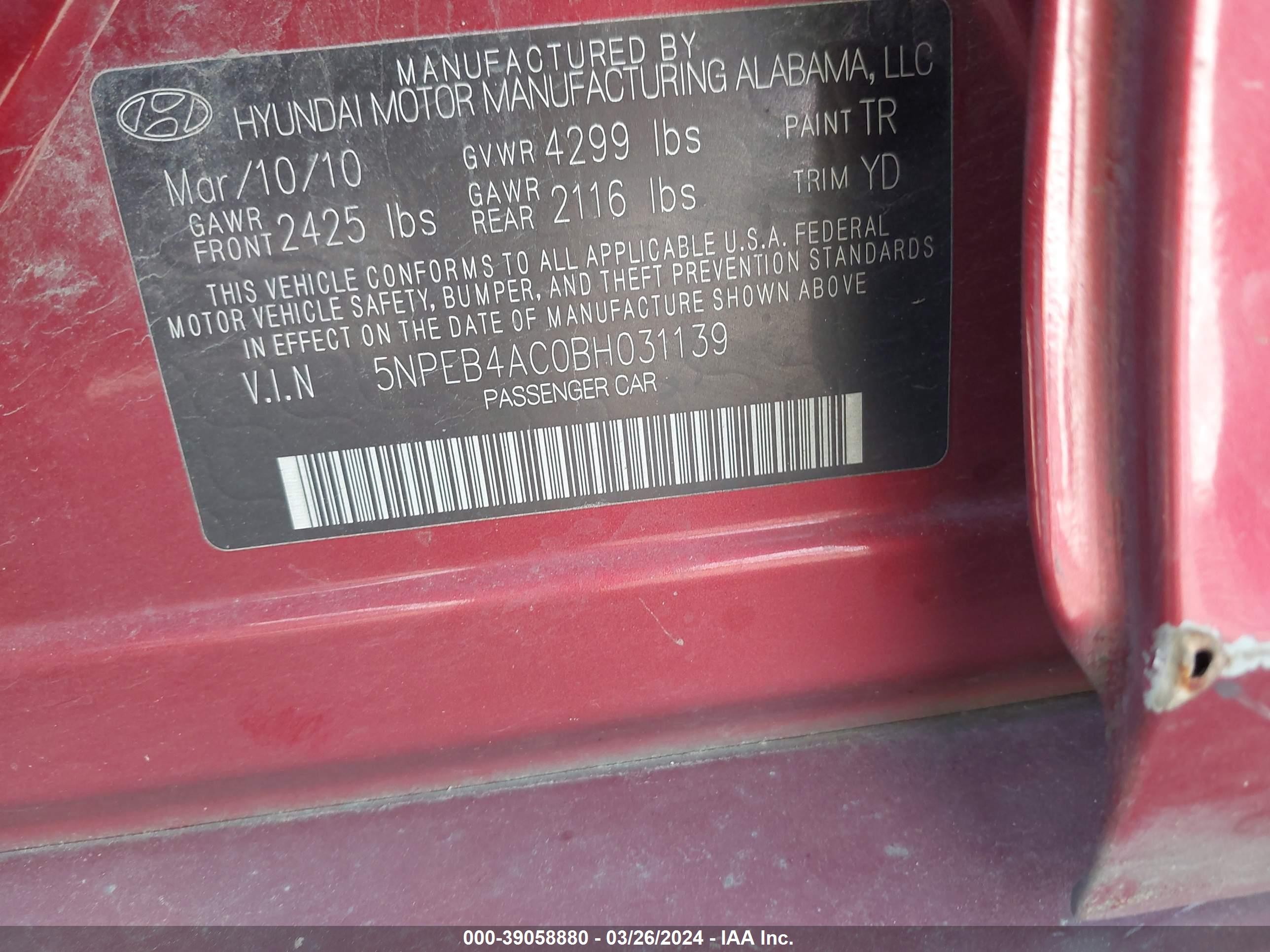 Photo 8 VIN: 5NPEB4AC0BH031139 - HYUNDAI SONATA 