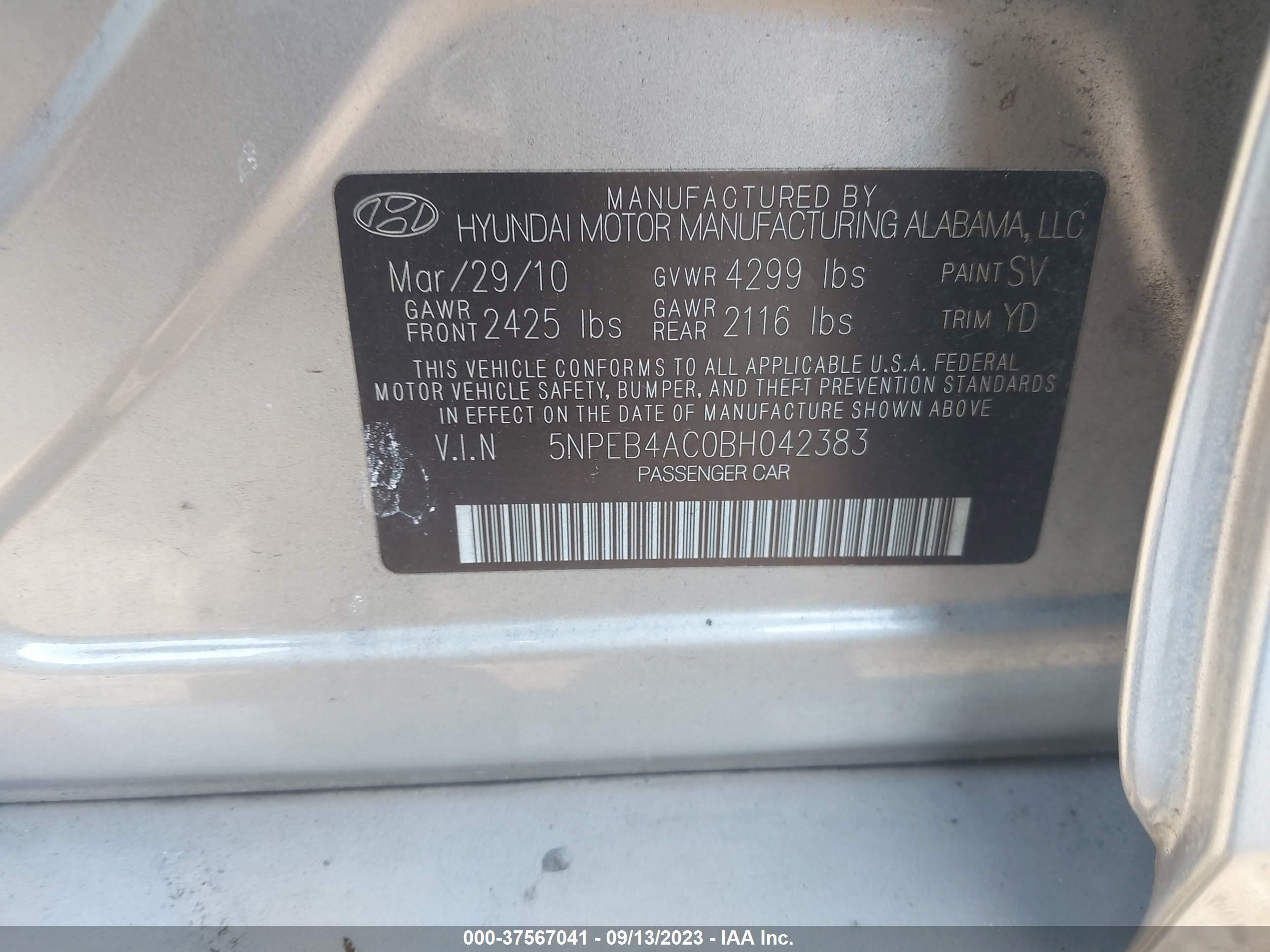 Photo 8 VIN: 5NPEB4AC0BH042383 - HYUNDAI SONATA 