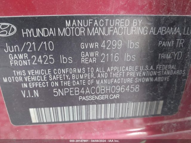 Photo 8 VIN: 5NPEB4AC0BH096458 - HYUNDAI SONATA 