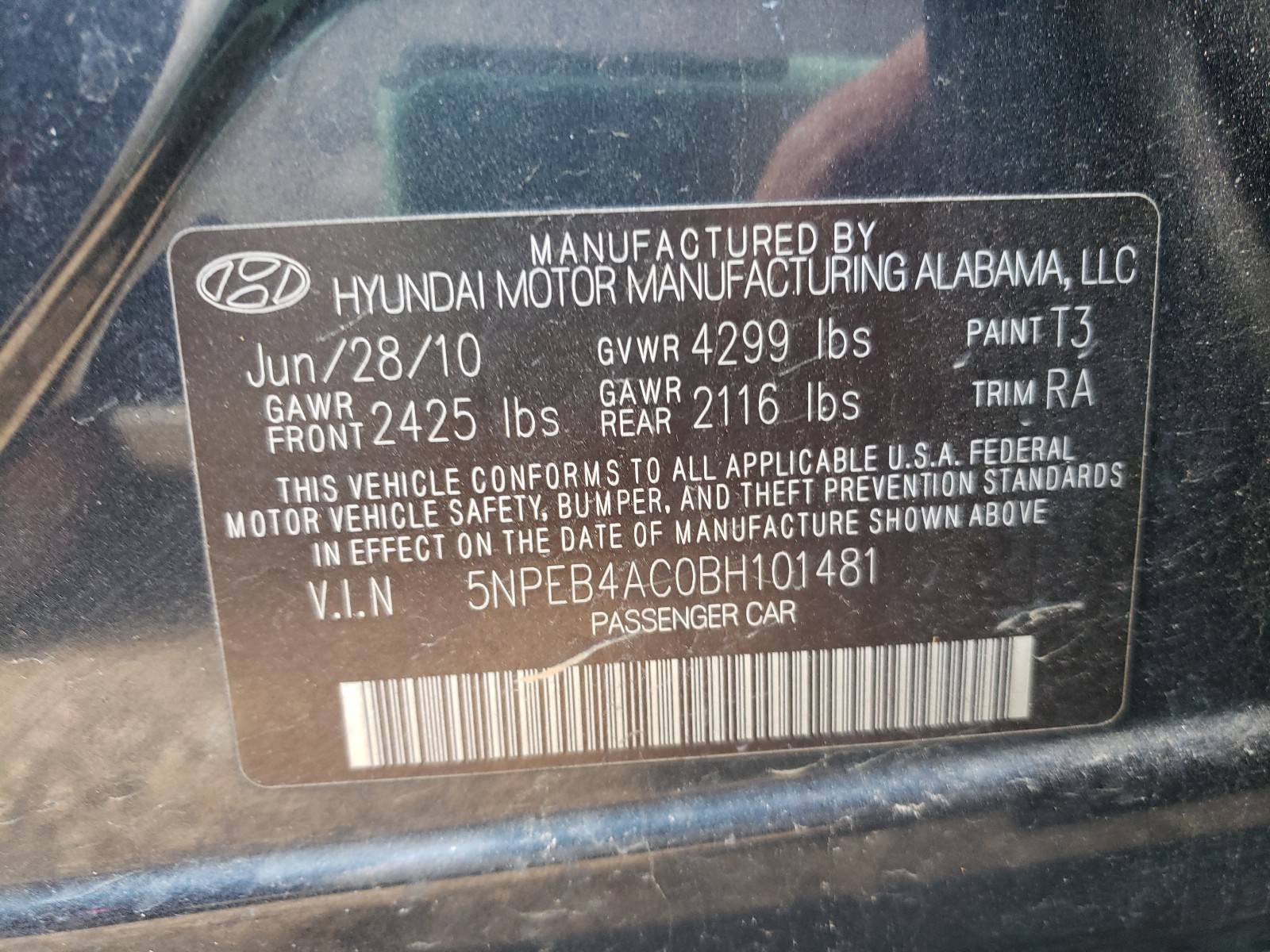 Photo 9 VIN: 5NPEB4AC0BH101481 - HYUNDAI SONATA GLS 