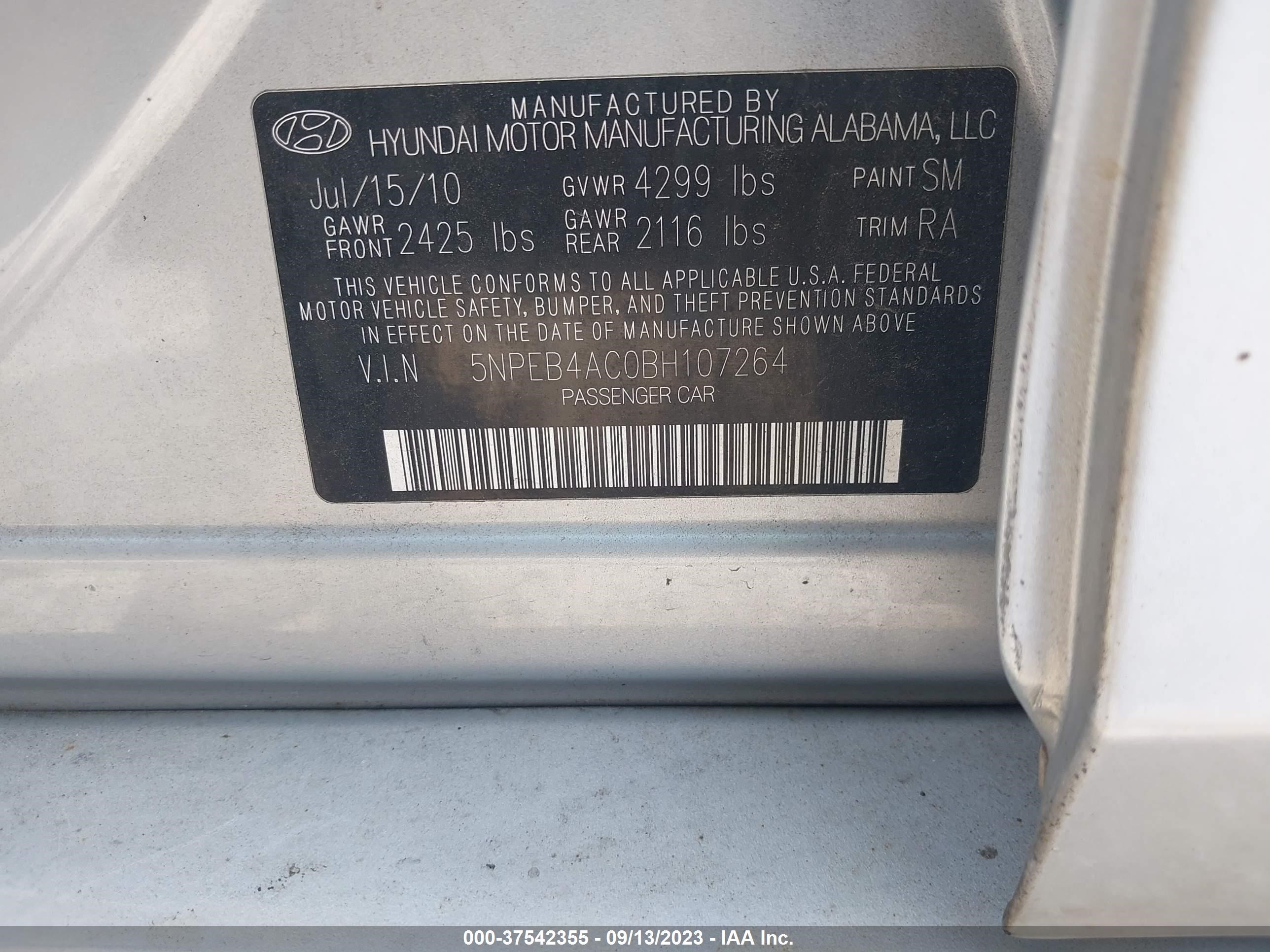 Photo 8 VIN: 5NPEB4AC0BH107264 - HYUNDAI SONATA 