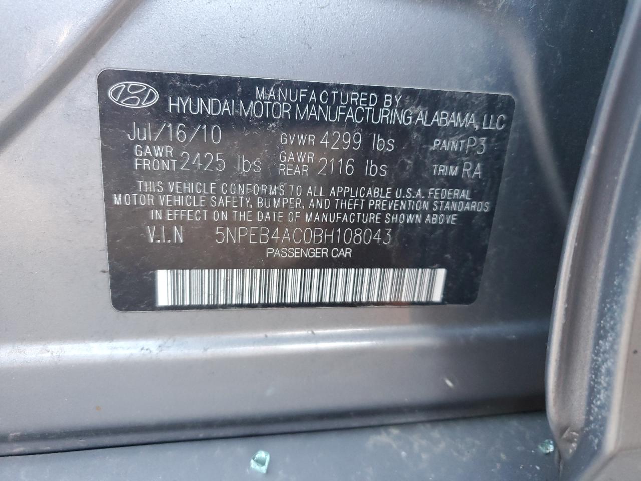 Photo 11 VIN: 5NPEB4AC0BH108043 - HYUNDAI SONATA 