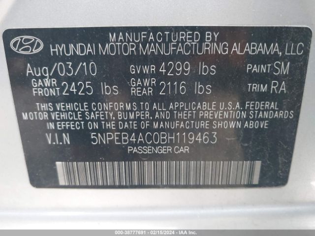 Photo 8 VIN: 5NPEB4AC0BH119463 - HYUNDAI SONATA 