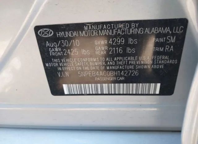 Photo 8 VIN: 5NPEB4AC0BH142726 - HYUNDAI SONATA 