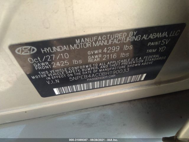 Photo 8 VIN: 5NPEB4AC0BH190033 - HYUNDAI SONATA 