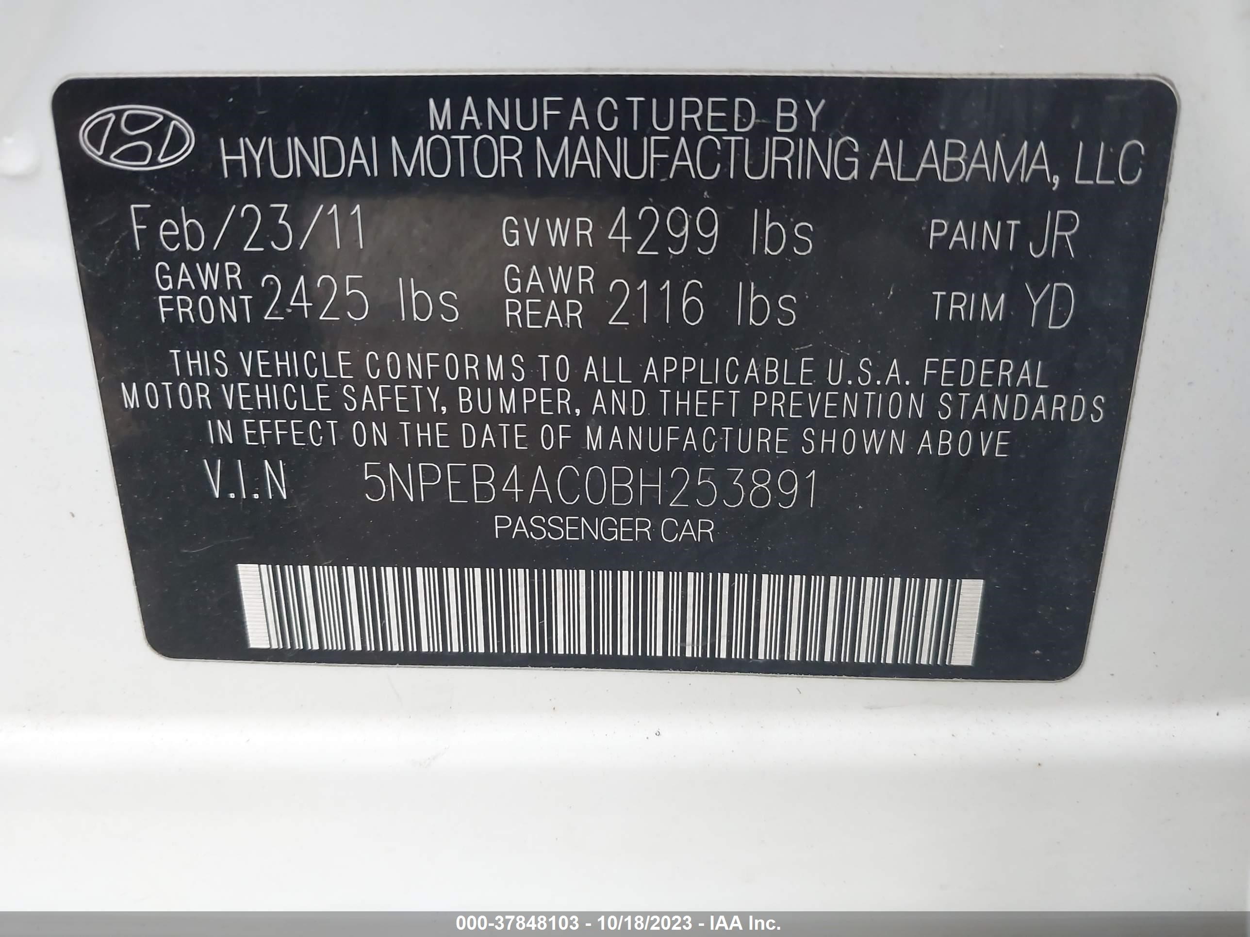 Photo 9 VIN: 5NPEB4AC0BH253891 - HYUNDAI SONATA 