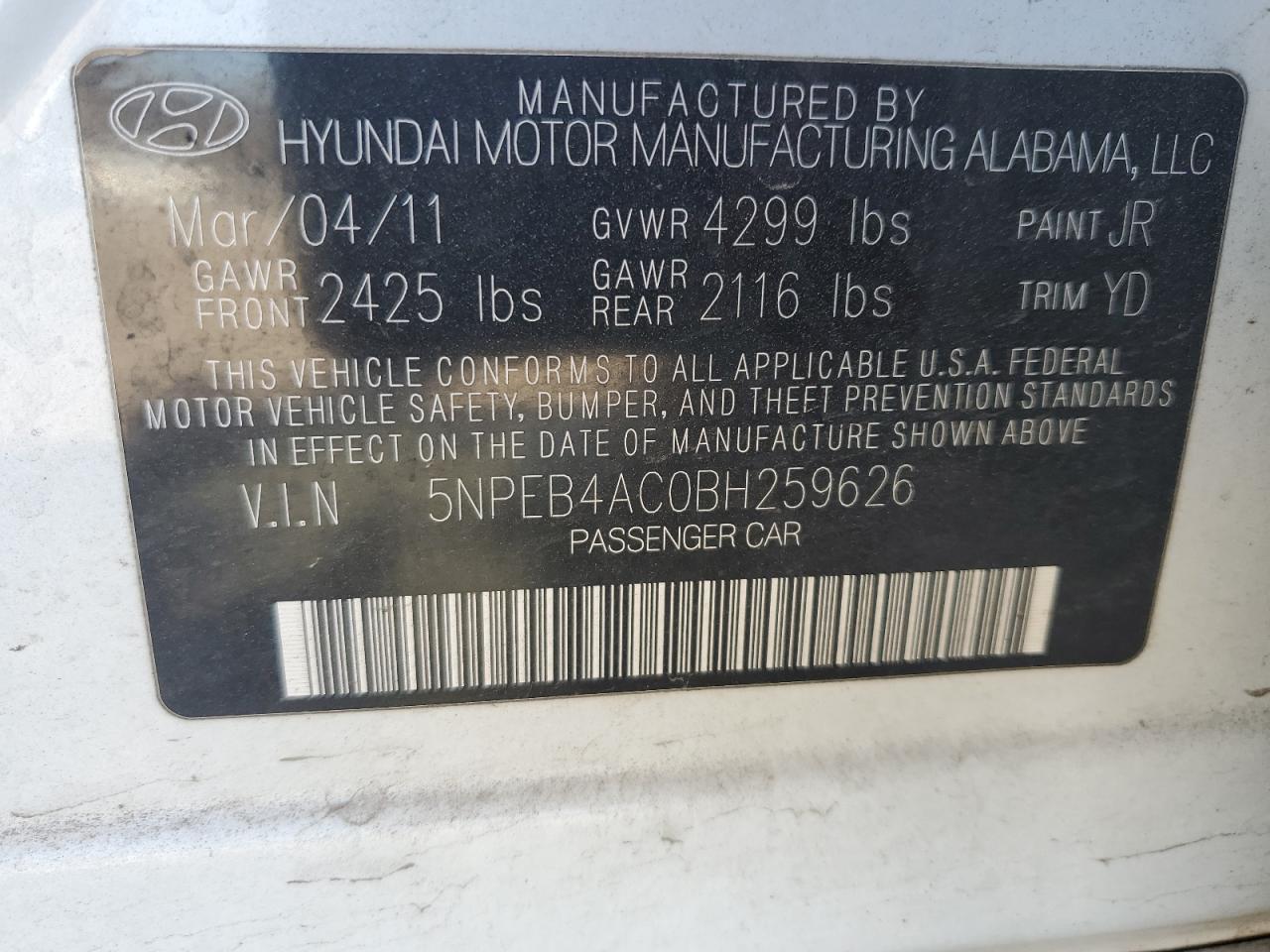 Photo 12 VIN: 5NPEB4AC0BH259626 - HYUNDAI SONATA 