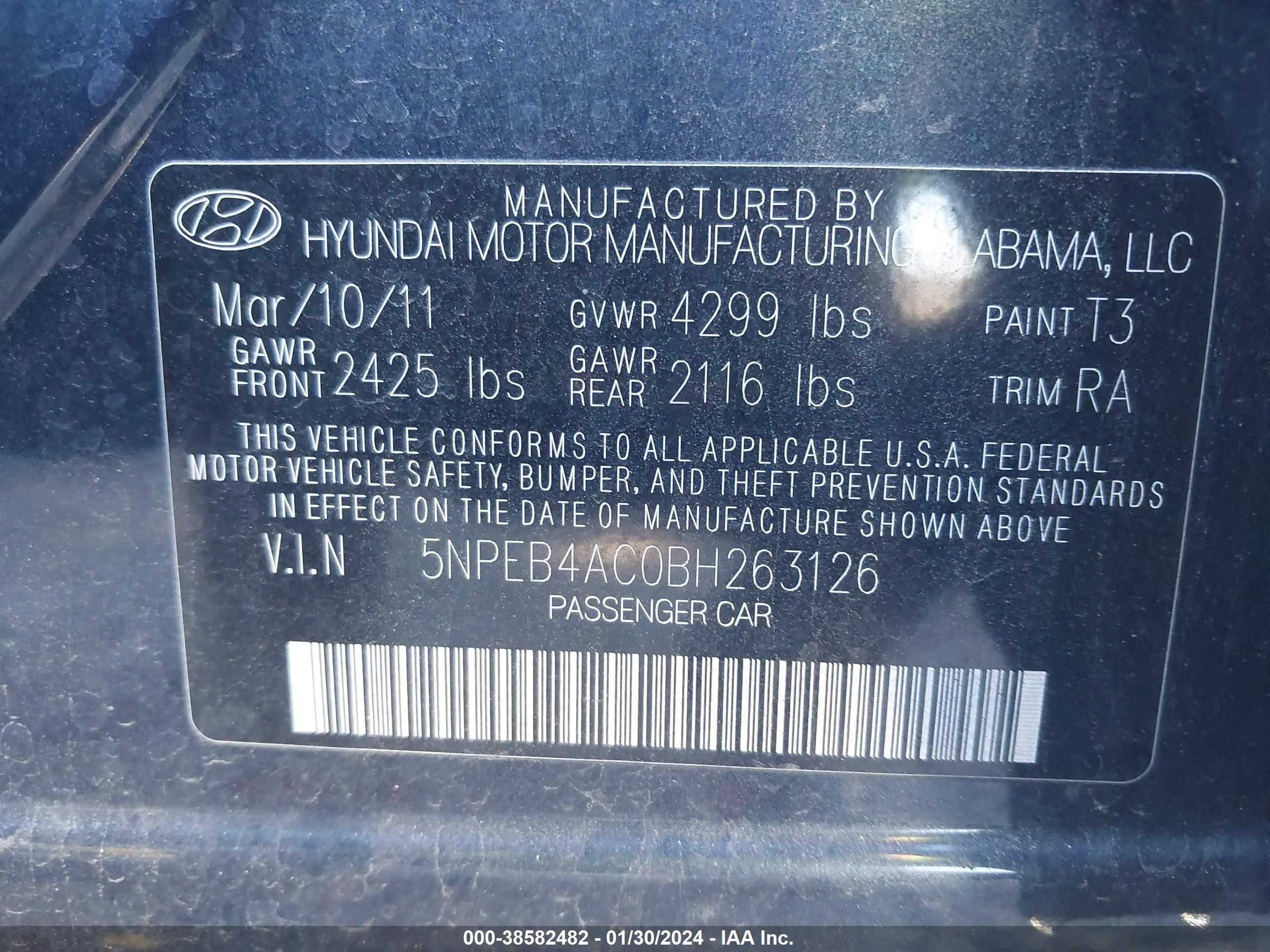 Photo 8 VIN: 5NPEB4AC0BH263126 - HYUNDAI SONATA 