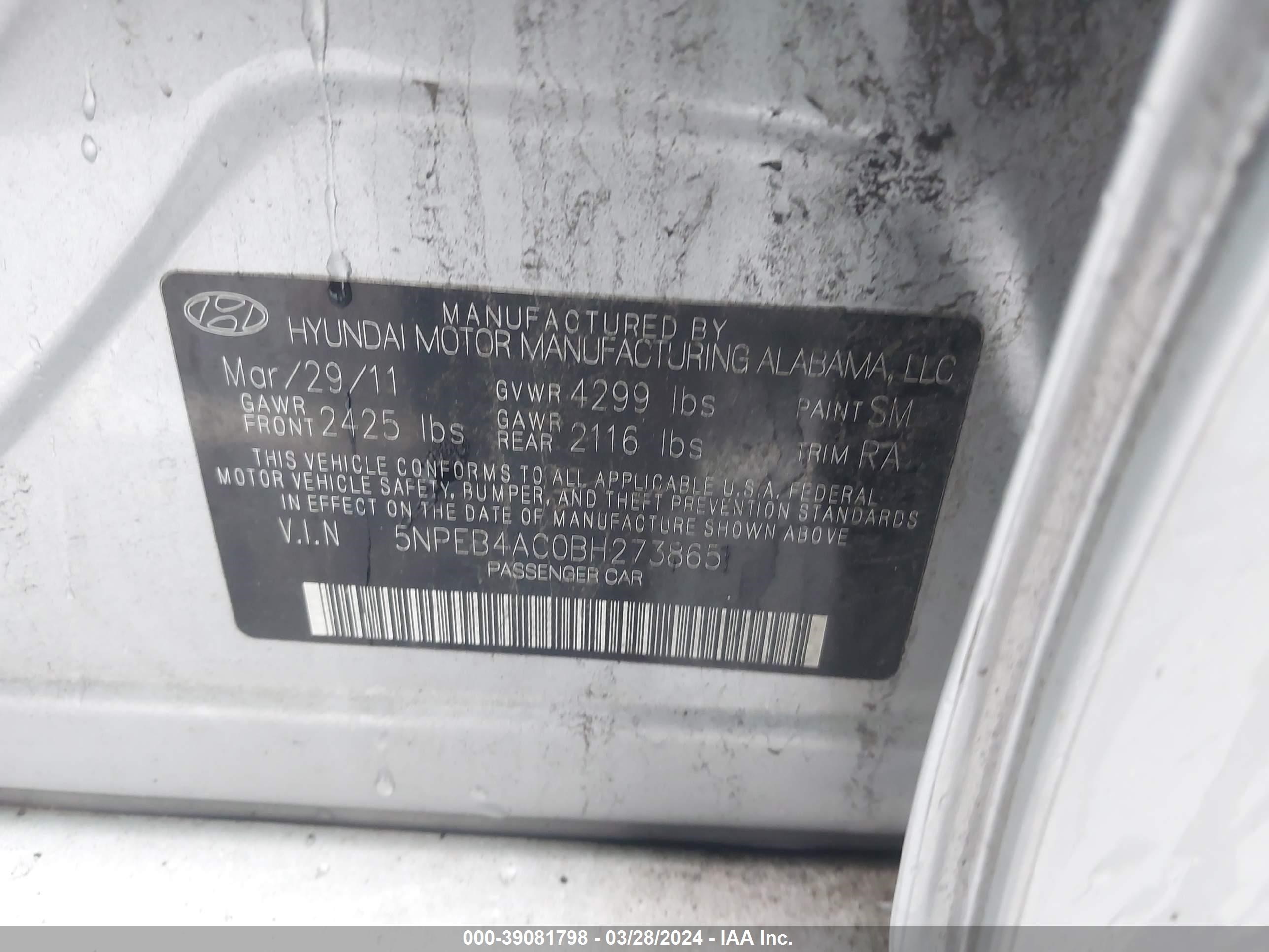 Photo 8 VIN: 5NPEB4AC0BH273865 - HYUNDAI SONATA 