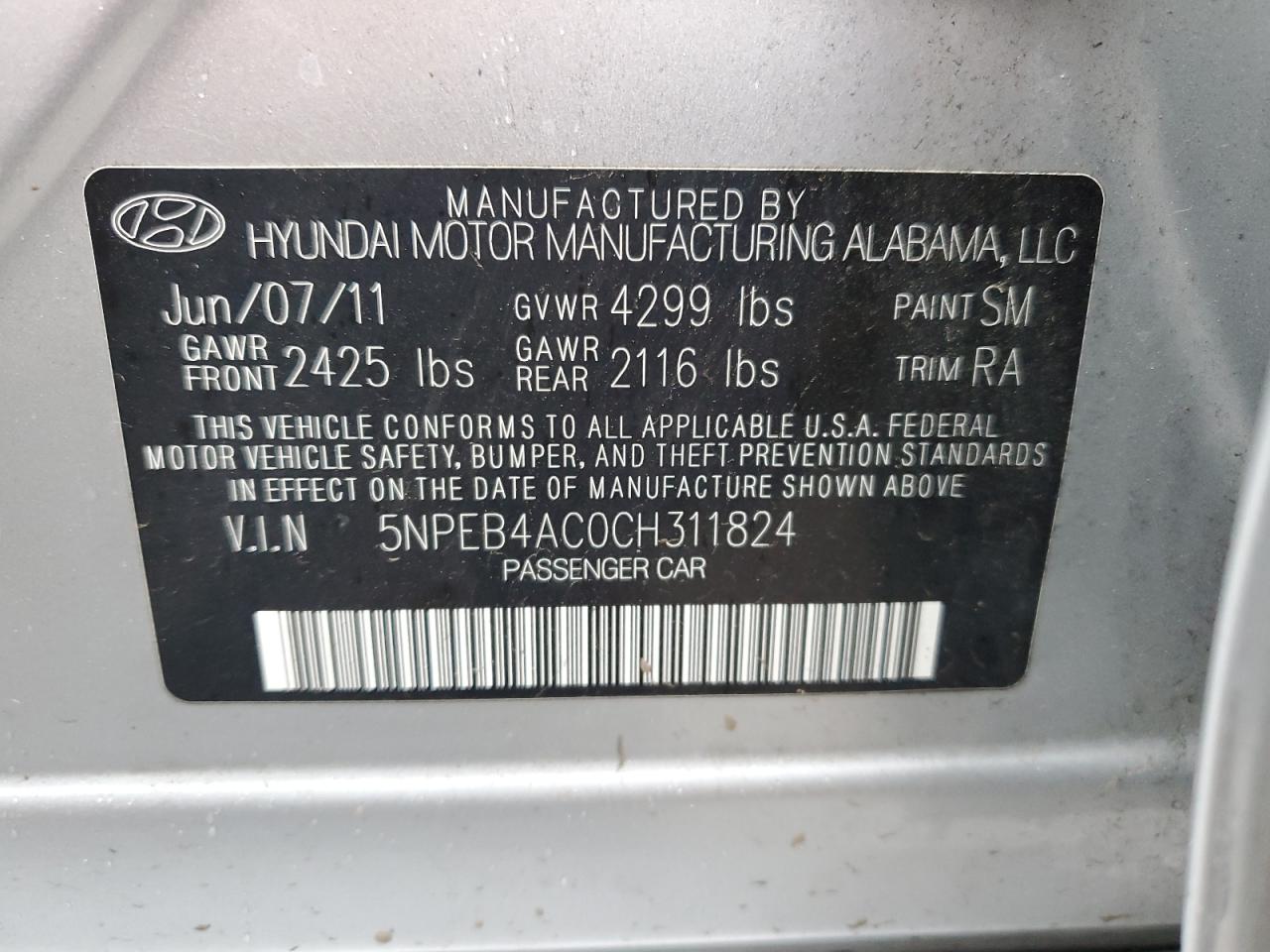 Photo 11 VIN: 5NPEB4AC0CH311824 - HYUNDAI SONATA 