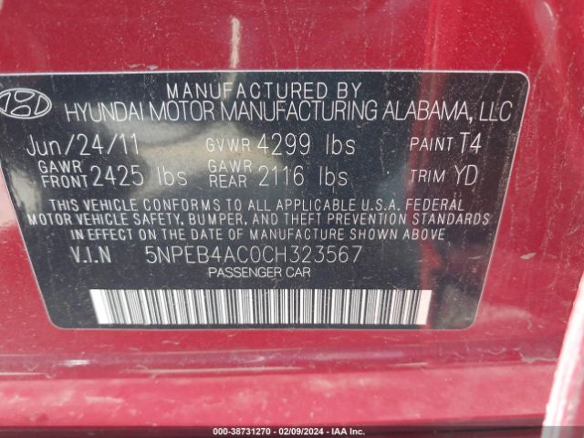 Photo 8 VIN: 5NPEB4AC0CH323567 - HYUNDAI SONATA 