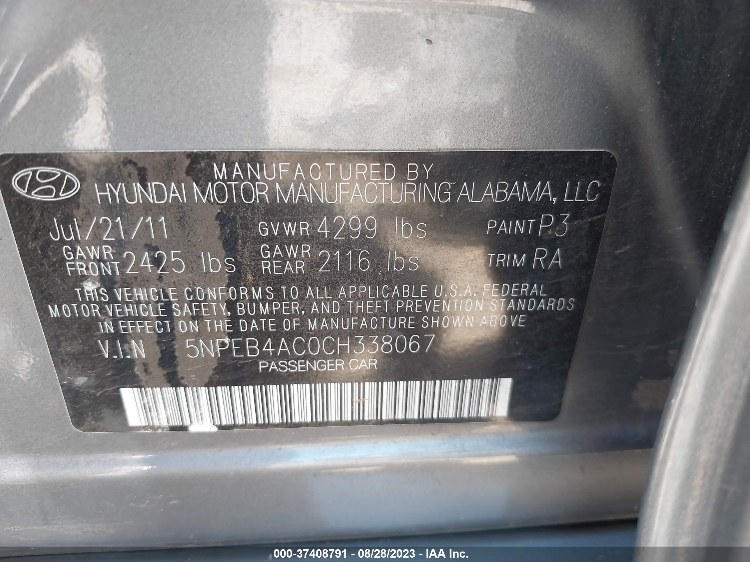 Photo 8 VIN: 5NPEB4AC0CH338067 - HYUNDAI SONATA 