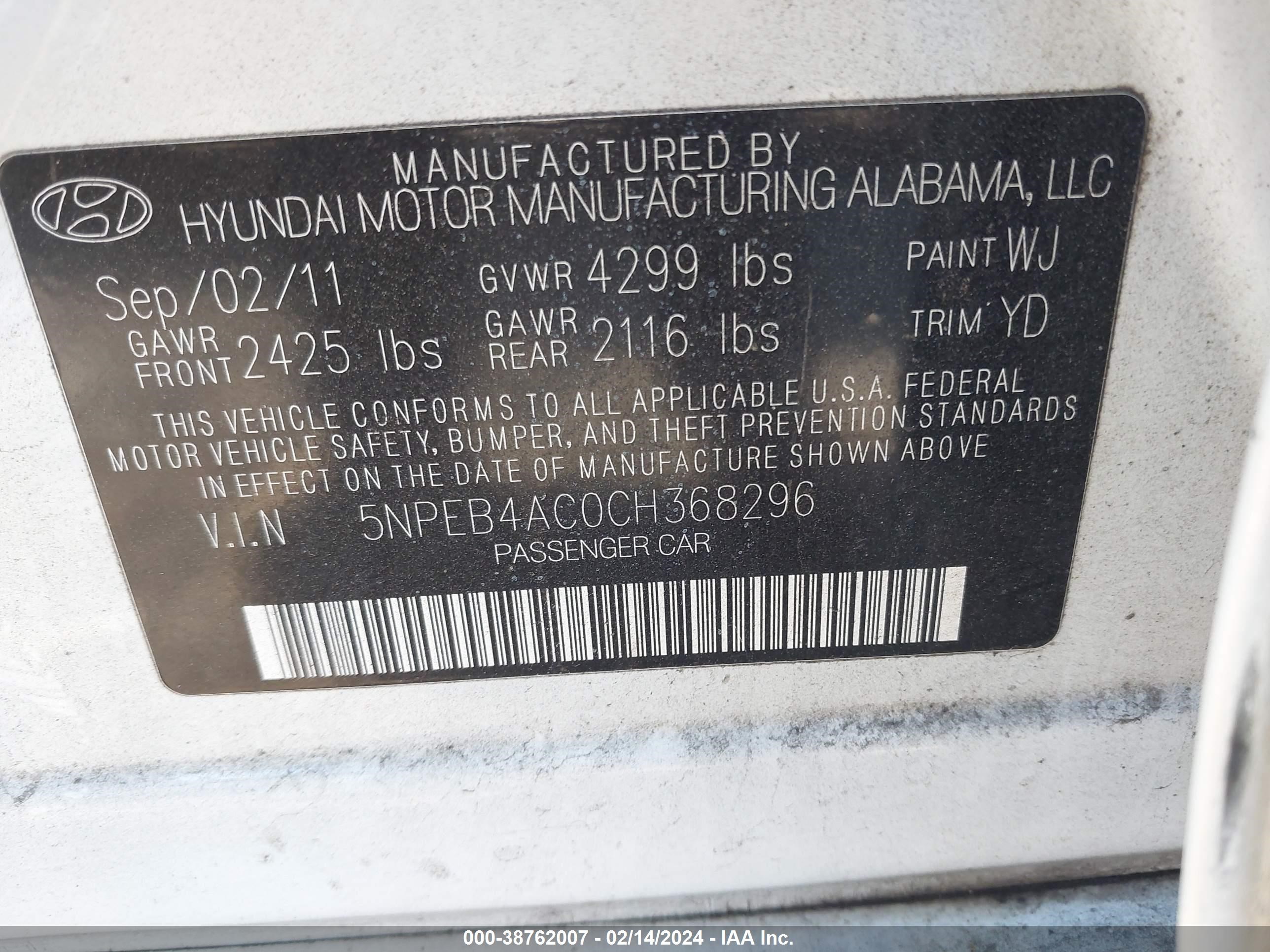 Photo 8 VIN: 5NPEB4AC0CH368296 - HYUNDAI SONATA 