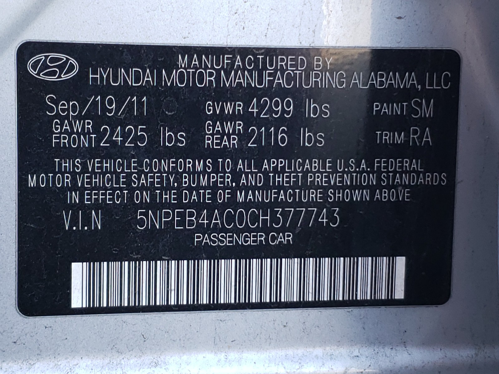 Photo 9 VIN: 5NPEB4AC0CH377743 - HYUNDAI SONATA GLS 