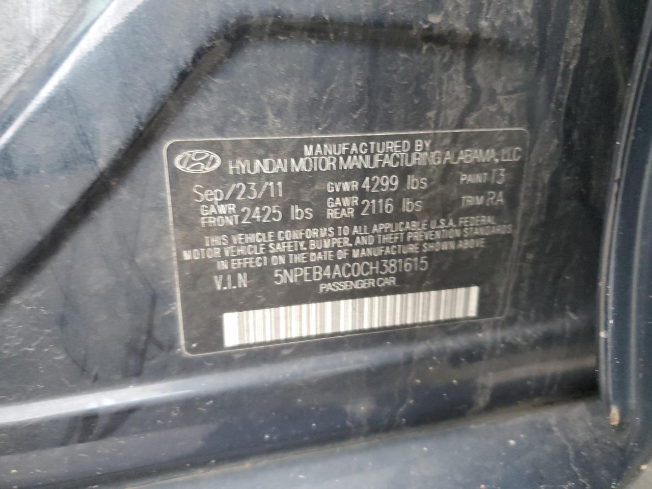 Photo 11 VIN: 5NPEB4AC0CH381615 - HYUNDAI SONATA 