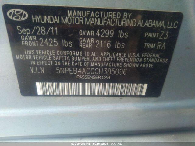 Photo 8 VIN: 5NPEB4AC0CH385096 - HYUNDAI SONATA 