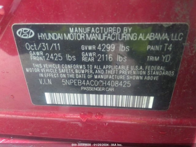 Photo 8 VIN: 5NPEB4AC0CH408425 - HYUNDAI SONATA 