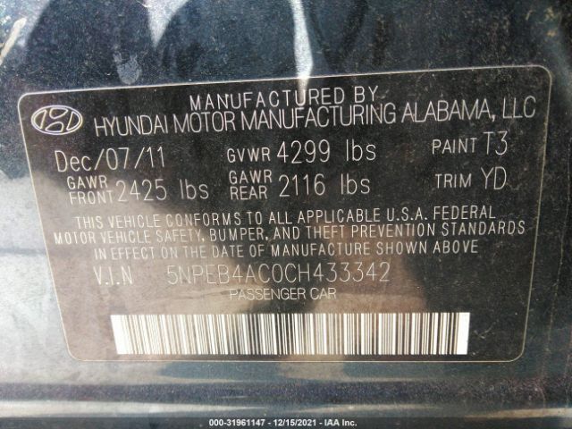 Photo 8 VIN: 5NPEB4AC0CH433342 - HYUNDAI SONATA 