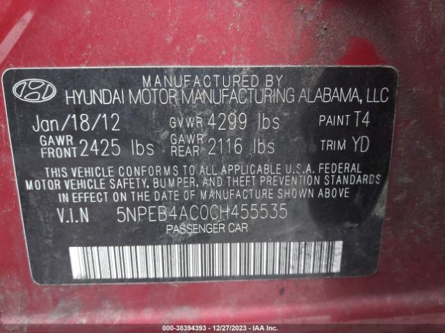 Photo 8 VIN: 5NPEB4AC0CH455535 - HYUNDAI SONATA 