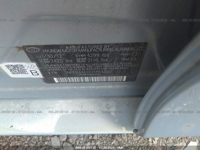 Photo 8 VIN: 5NPEB4AC0CH464350 - HYUNDAI SONATA 