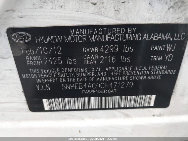 Photo 8 VIN: 5NPEB4AC0CH471279 - HYUNDAI SONATA 