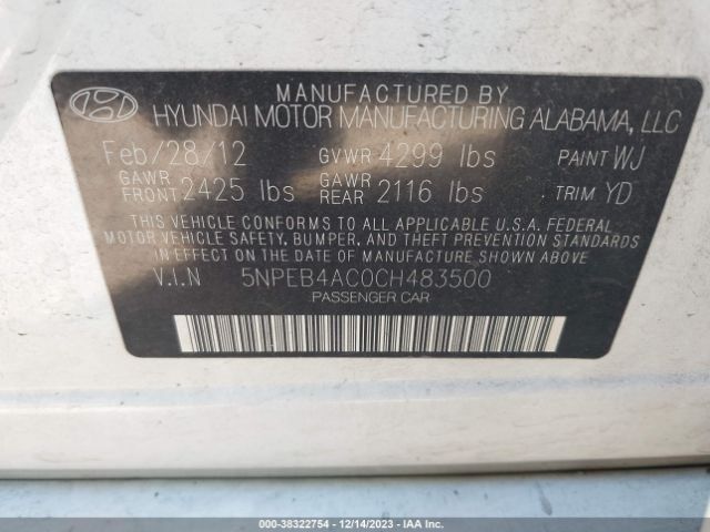 Photo 8 VIN: 5NPEB4AC0CH483500 - HYUNDAI SONATA 