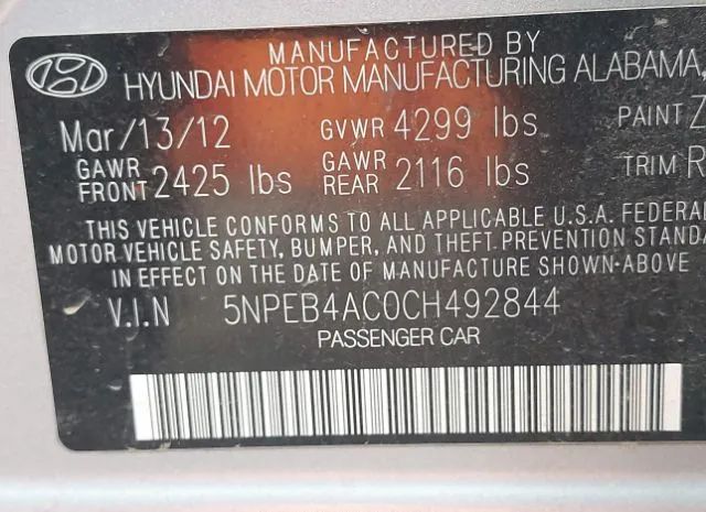 Photo 8 VIN: 5NPEB4AC0CH492844 - HYUNDAI SONATA 