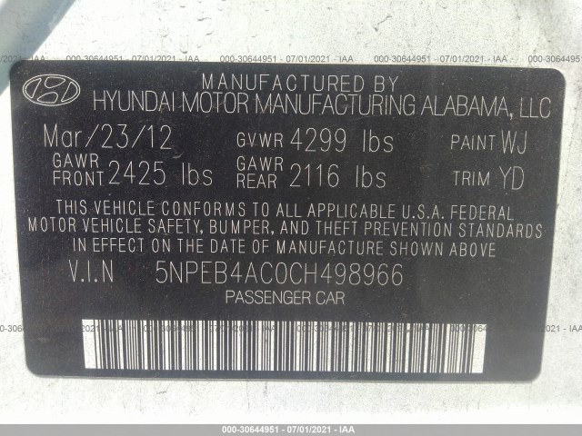 Photo 8 VIN: 5NPEB4AC0CH498966 - HYUNDAI SONATA 