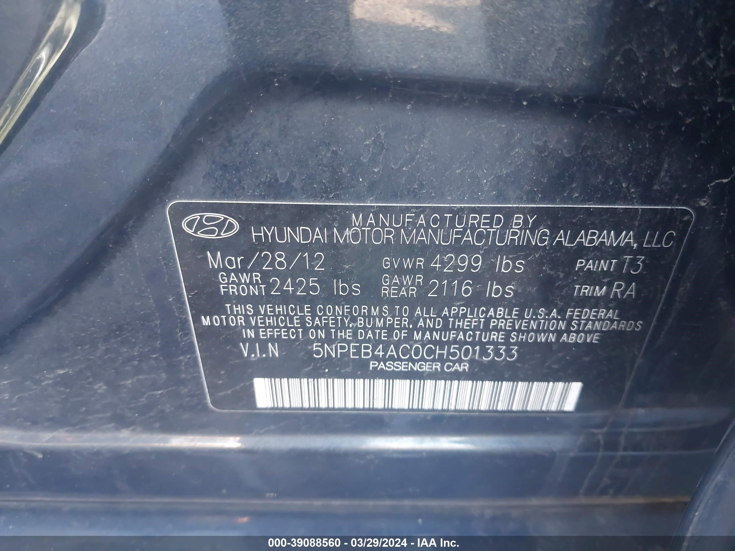 Photo 8 VIN: 5NPEB4AC0CH501333 - HYUNDAI SONATA 