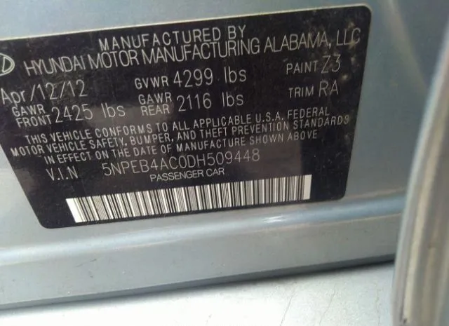 Photo 8 VIN: 5NPEB4AC0DH509448 - HYUNDAI SONATA 