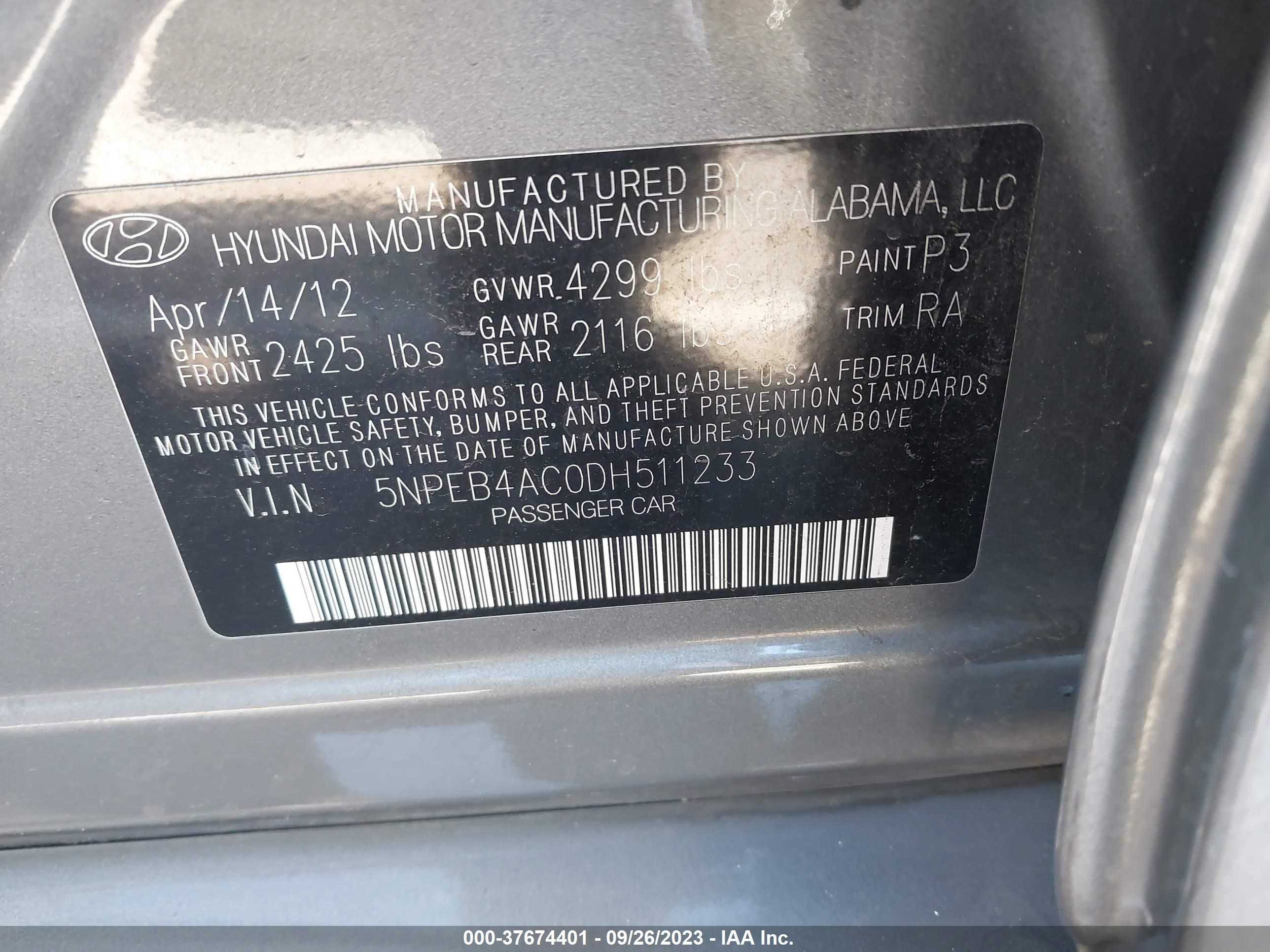 Photo 8 VIN: 5NPEB4AC0DH511233 - HYUNDAI SONATA 