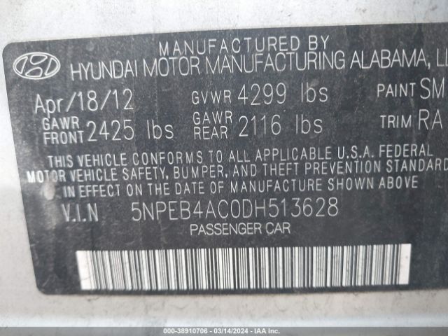 Photo 8 VIN: 5NPEB4AC0DH513628 - HYUNDAI SONATA 