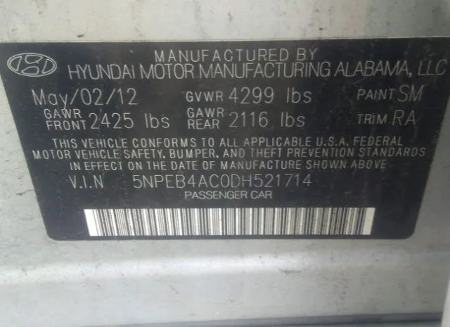 Photo 8 VIN: 5NPEB4AC0DH521714 - HYUNDAI SONATA 