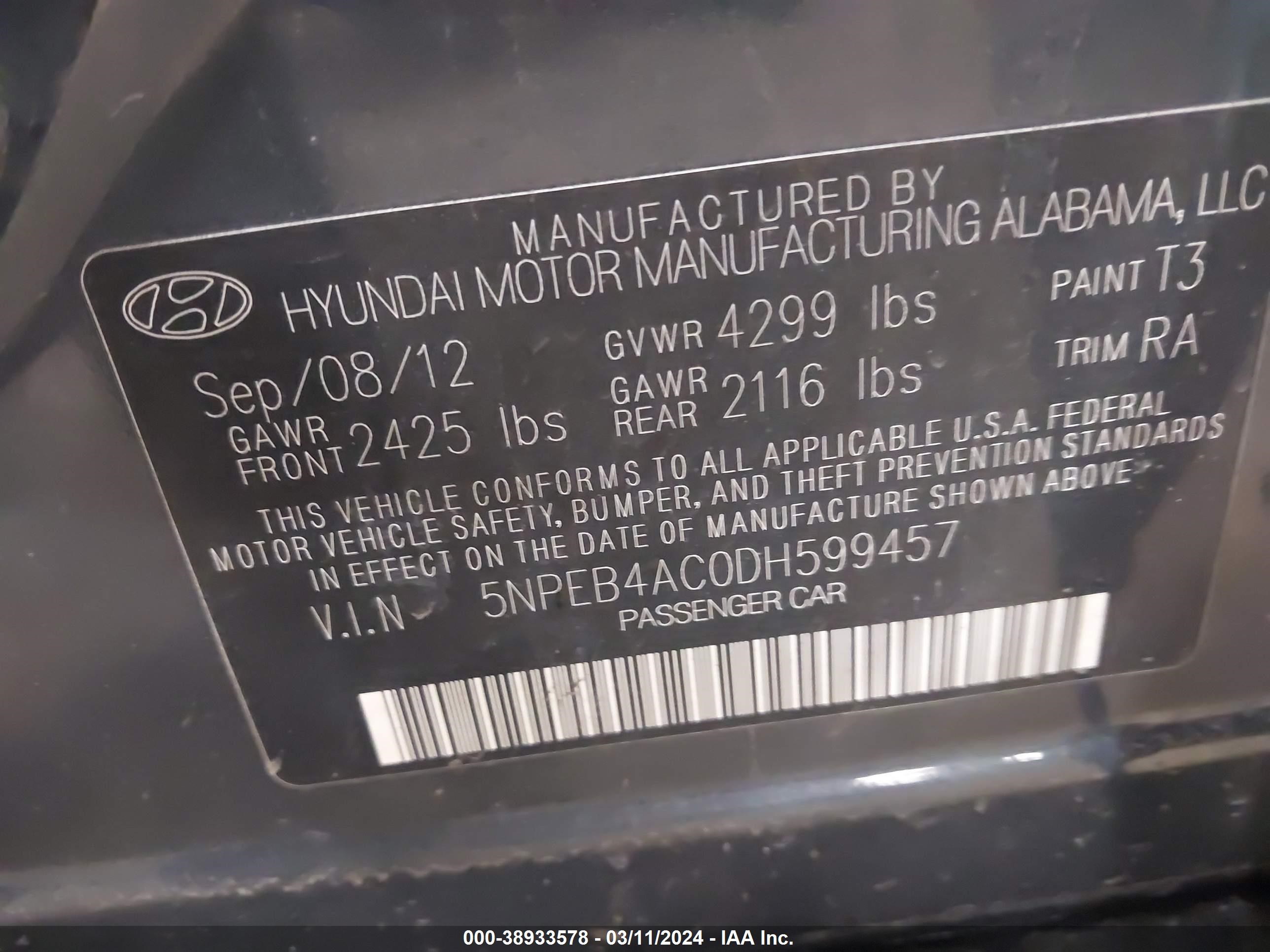 Photo 8 VIN: 5NPEB4AC0DH599457 - HYUNDAI SONATA 