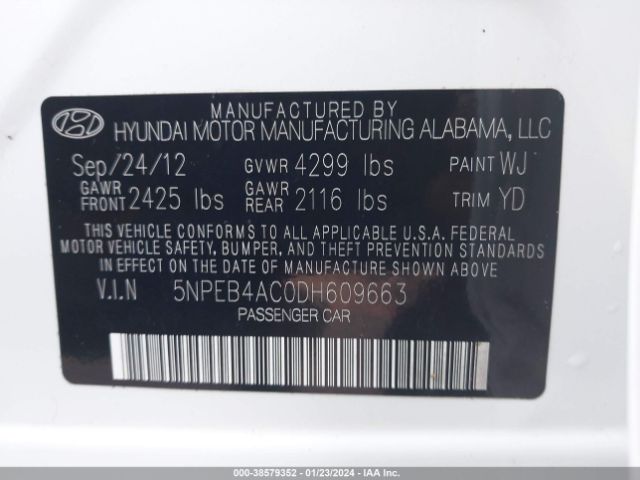 Photo 8 VIN: 5NPEB4AC0DH609663 - HYUNDAI SONATA 