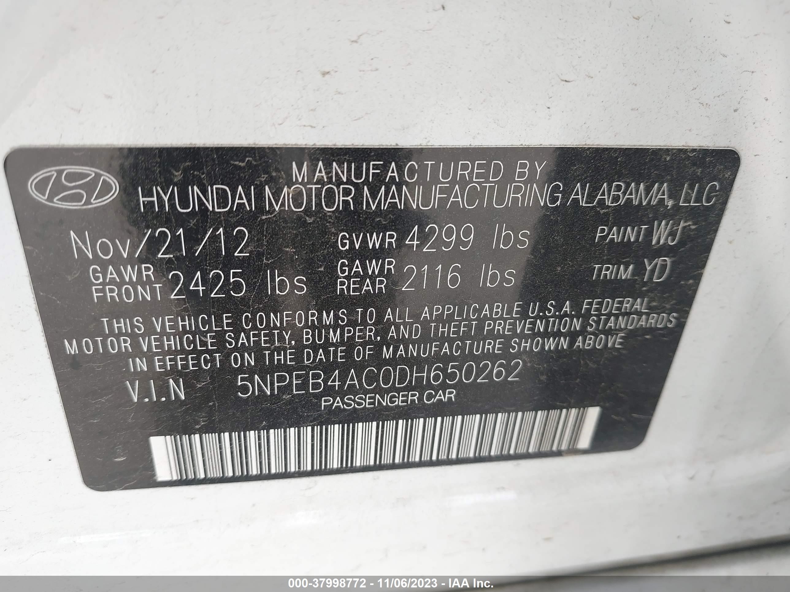 Photo 8 VIN: 5NPEB4AC0DH650262 - HYUNDAI SONATA 