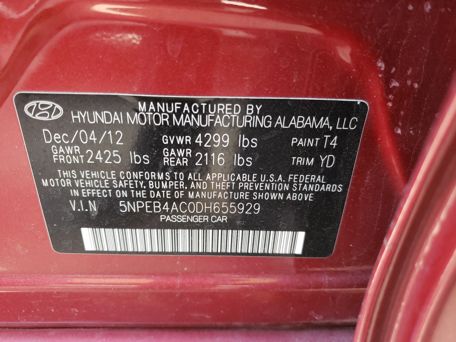 Photo 9 VIN: 5NPEB4AC0DH655929 - HYUNDAI SONATA GLS 