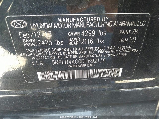 Photo 8 VIN: 5NPEB4AC0DH692138 - HYUNDAI SONATA 