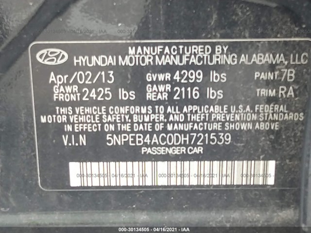 Photo 8 VIN: 5NPEB4AC0DH721539 - HYUNDAI SONATA 