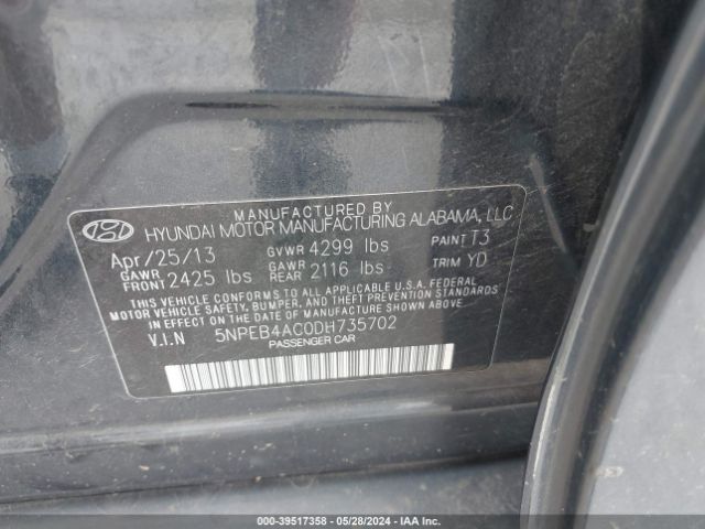 Photo 8 VIN: 5NPEB4AC0DH735702 - HYUNDAI SONATA 