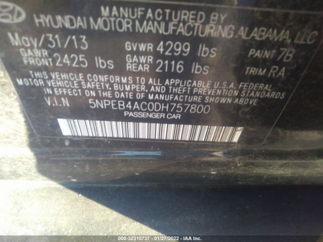 Photo 8 VIN: 5NPEB4AC0DH757800 - HYUNDAI SONATA 