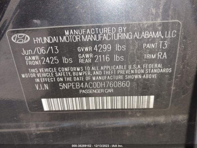 Photo 8 VIN: 5NPEB4AC0DH760860 - HYUNDAI SONATA 