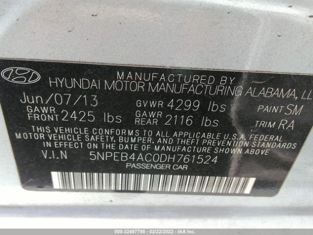 Photo 8 VIN: 5NPEB4AC0DH761524 - HYUNDAI SONATA 