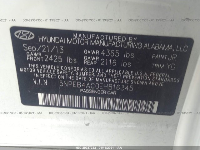 Photo 8 VIN: 5NPEB4AC0EH816345 - HYUNDAI SONATA 