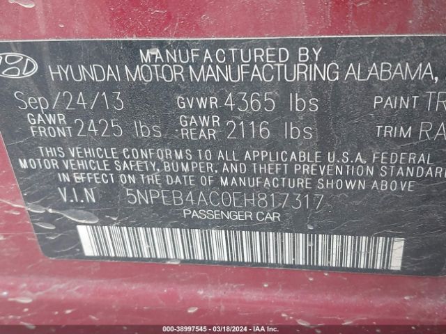 Photo 8 VIN: 5NPEB4AC0EH817317 - HYUNDAI SONATA 