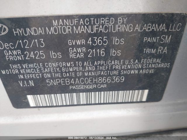 Photo 8 VIN: 5NPEB4AC0EH866369 - HYUNDAI SONATA 